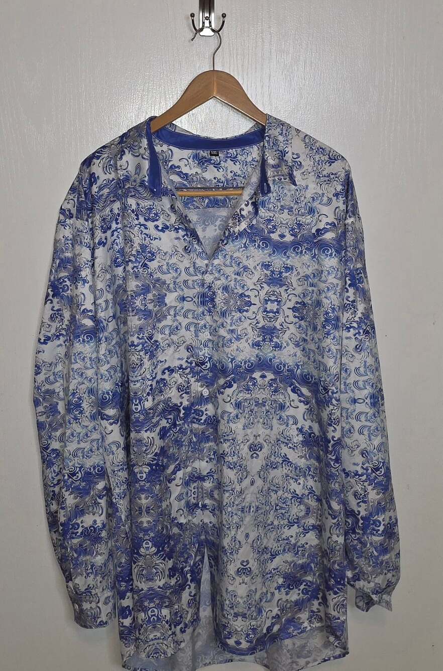 Mens Blue And White Baroque Print Long Sleeve Button Down Shirt Size 5XL